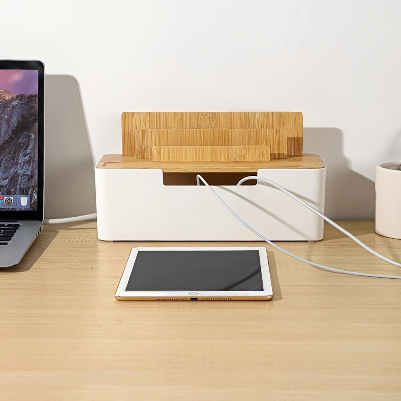 1pc Multi-Functional Cable Organizer Box with Lid - Desktop Cord Management for Power Strips, Chargers, and Data Cables - Bamboo & Plastic Construction, Storage Bins for Home Organization