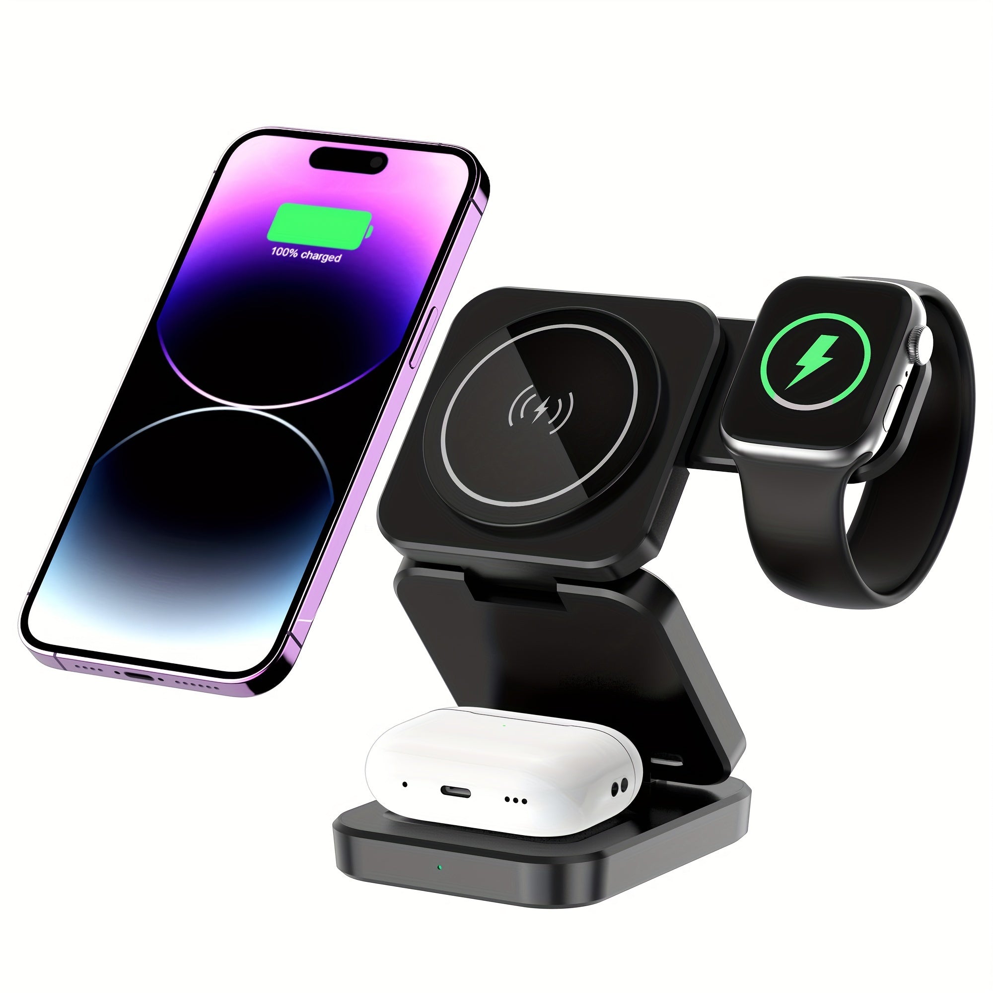 3 in 1 Wireless Charger, Foldable Mag-Safe Magnetic Charging Station Dock, Fast Travel Wireless Charging Pad  for iPhone 15/14/13/12/11/Pro/Max/Mini/XR/XS/X/8, for iWatch 9/8/7/6/5/4/3/2/SE/SE2/Ultra/Ultra2, for AirPods 2/3/P