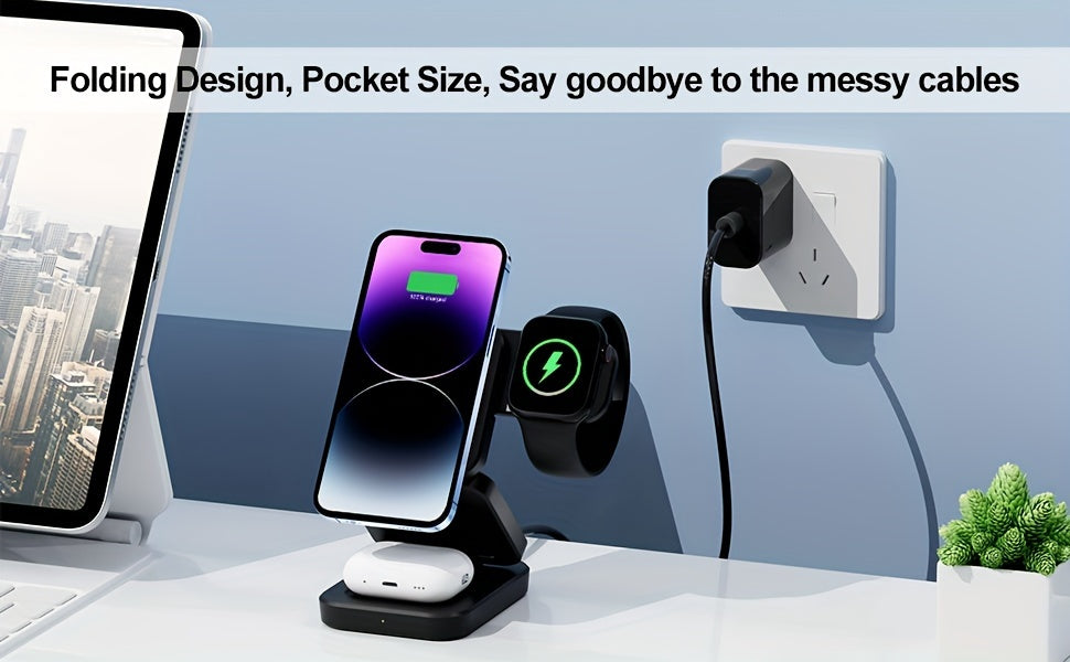 3 in 1 Wireless Charger, Foldable Mag-Safe Magnetic Charging Station Dock, Fast Travel Wireless Charging Pad  for iPhone 15/14/13/12/11/Pro/Max/Mini/XR/XS/X/8, for iWatch 9/8/7/6/5/4/3/2/SE/SE2/Ultra/Ultra2, for AirPods 2/3/P