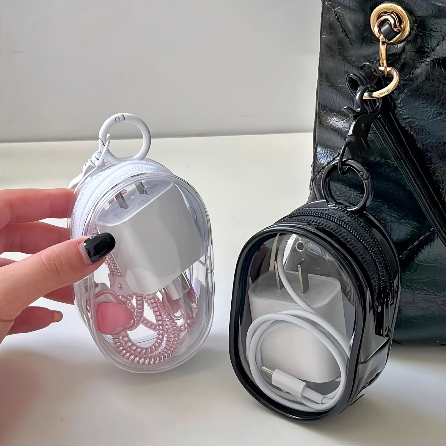 2pcs mini and portable transparent cable organizer box for storing data cable chargers, headphones, jewelry, etc., keychain bags for outdoor travel