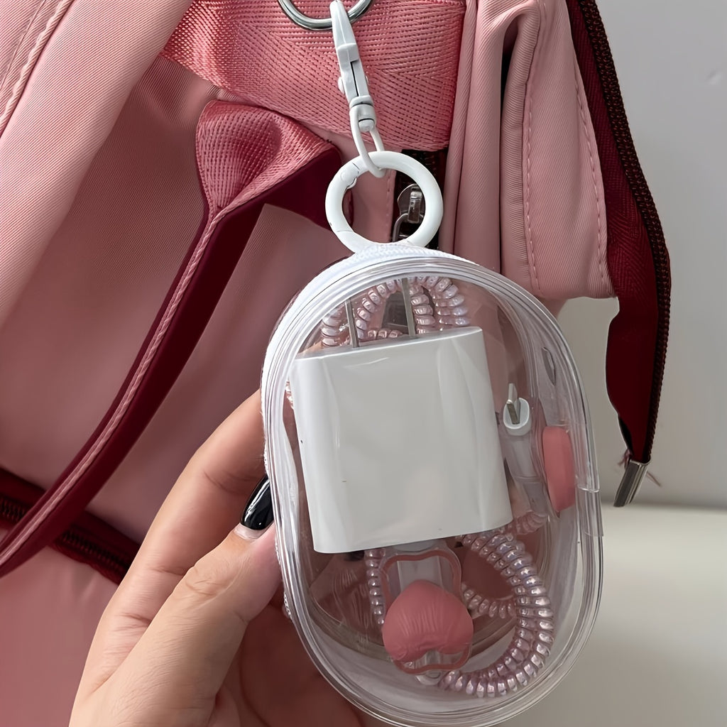 2pcs mini and portable transparent cable organizer box for storing data cable chargers, headphones, jewelry, etc., keychain bags for outdoor travel