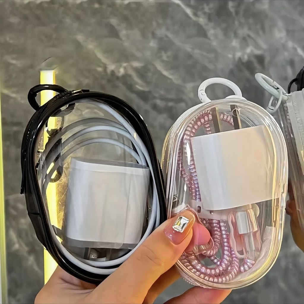 2pcs mini and portable transparent cable organizer box for storing data cable chargers, headphones, jewelry, etc., keychain bags for outdoor travel