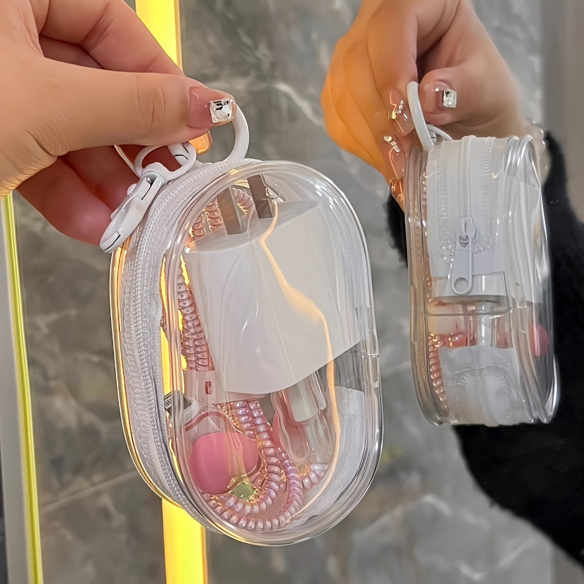 2pcs mini and portable transparent cable organizer box for storing data cable chargers, headphones, jewelry, etc., keychain bags for outdoor travel
