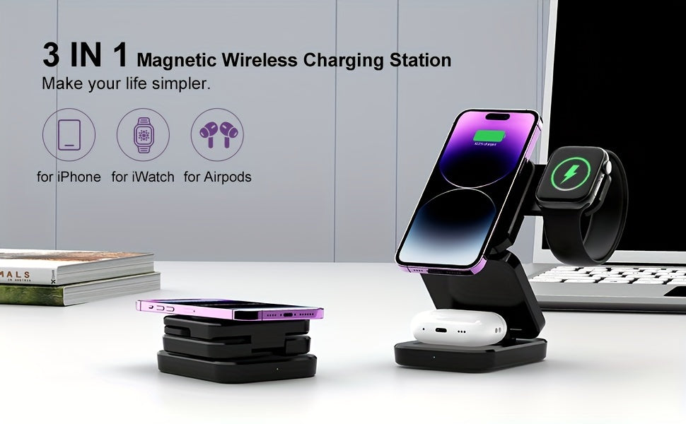 3 in 1 Wireless Charger, Foldable Mag-Safe Magnetic Charging Station Dock, Fast Travel Wireless Charging Pad  for iPhone 15/14/13/12/11/Pro/Max/Mini/XR/XS/X/8, for iWatch 9/8/7/6/5/4/3/2/SE/SE2/Ultra/Ultra2, for AirPods 2/3/P