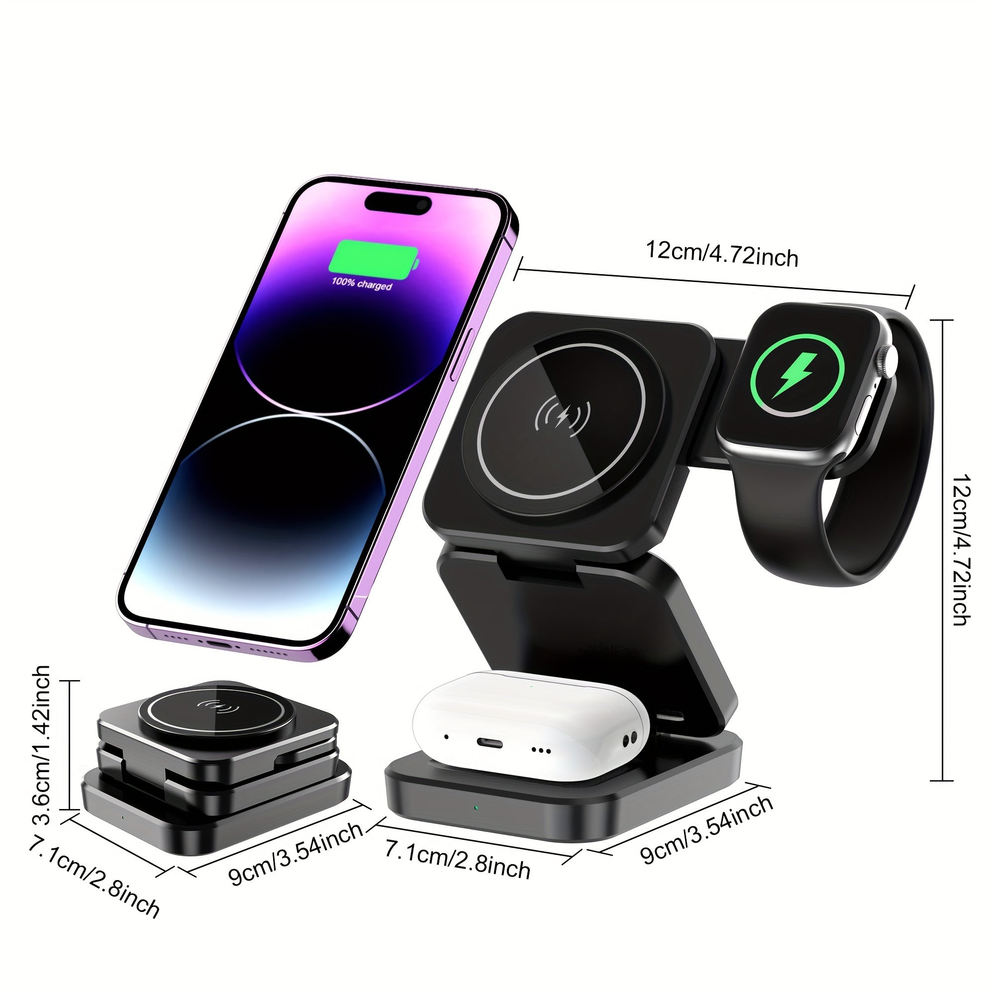3 in 1 Wireless Charger, Foldable Mag-Safe Magnetic Charging Station Dock, Fast Travel Wireless Charging Pad  for iPhone 15/14/13/12/11/Pro/Max/Mini/XR/XS/X/8, for iWatch 9/8/7/6/5/4/3/2/SE/SE2/Ultra/Ultra2, for AirPods 2/3/P