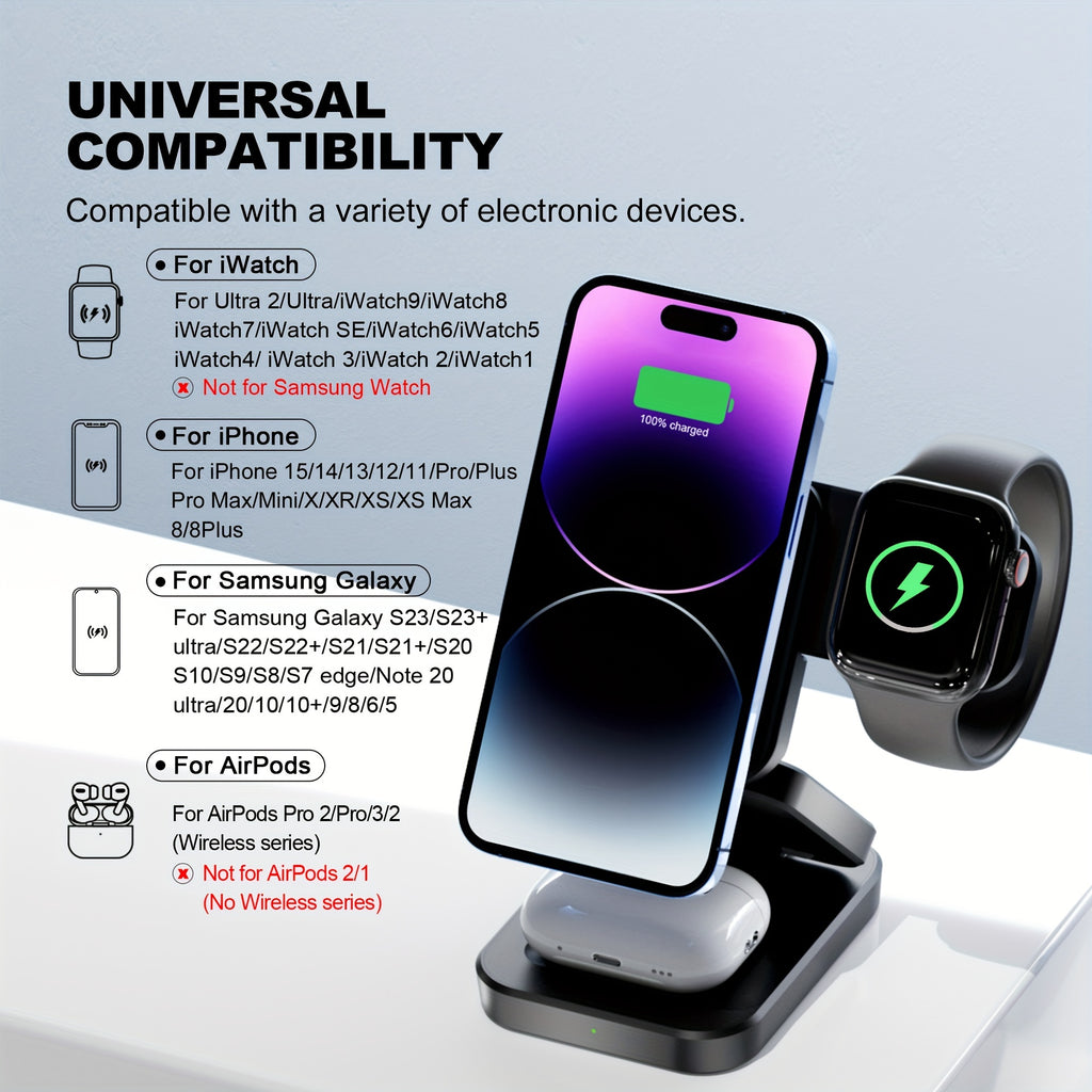 3 in 1 Wireless Charger, Foldable Mag-Safe Magnetic Charging Station Dock, Fast Travel Wireless Charging Pad  for iPhone 15/14/13/12/11/Pro/Max/Mini/XR/XS/X/8, for iWatch 9/8/7/6/5/4/3/2/SE/SE2/Ultra/Ultra2, for AirPods 2/3/P