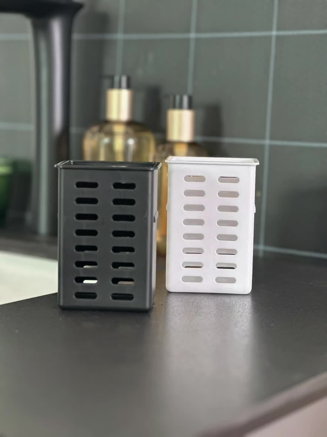 No-Drill, Space-Saving Black Wall-Mounted Bathroom Organizer - Mold-Resistant Plastic Storage Basket for Cosmetics & Shower Essentials