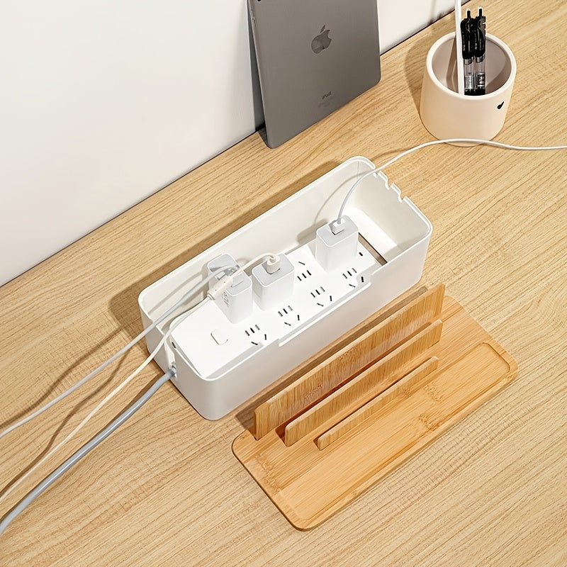 1pc Multi-Functional Cable Organizer Box with Lid - Desktop Cord Management for Power Strips, Chargers, and Data Cables - Bamboo & Plastic Construction, Storage Bins for Home Organization