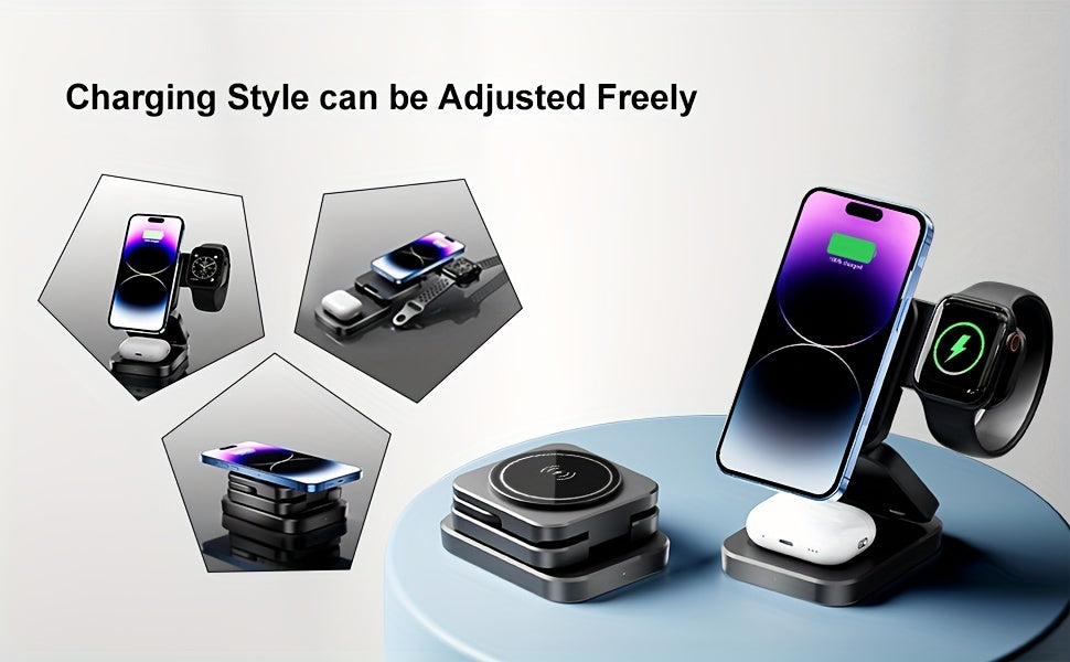 3 in 1 Wireless Charger, Foldable Mag-Safe Magnetic Charging Station Dock, Fast Travel Wireless Charging Pad  for iPhone 15/14/13/12/11/Pro/Max/Mini/XR/XS/X/8, for iWatch 9/8/7/6/5/4/3/2/SE/SE2/Ultra/Ultra2, for AirPods 2/3/P
