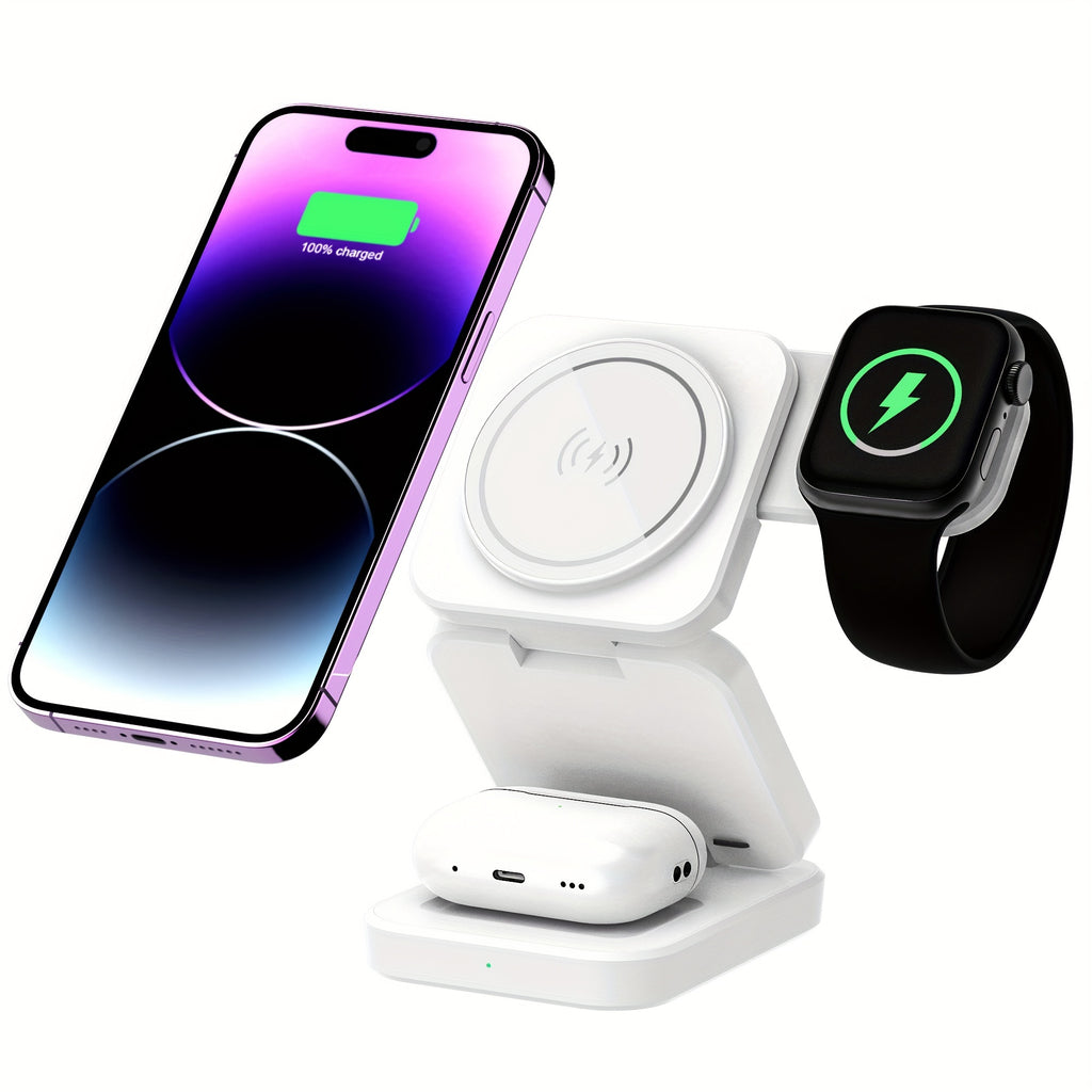 3 in 1 Wireless Charger, Foldable Mag-Safe Magnetic Charging Station Dock, Fast Travel Wireless Charging Pad  for iPhone 15/14/13/12/11/Pro/Max/Mini/XR/XS/X/8, for iWatch 9/8/7/6/5/4/3/2/SE/SE2/Ultra/Ultra2, for AirPods 2/3/P