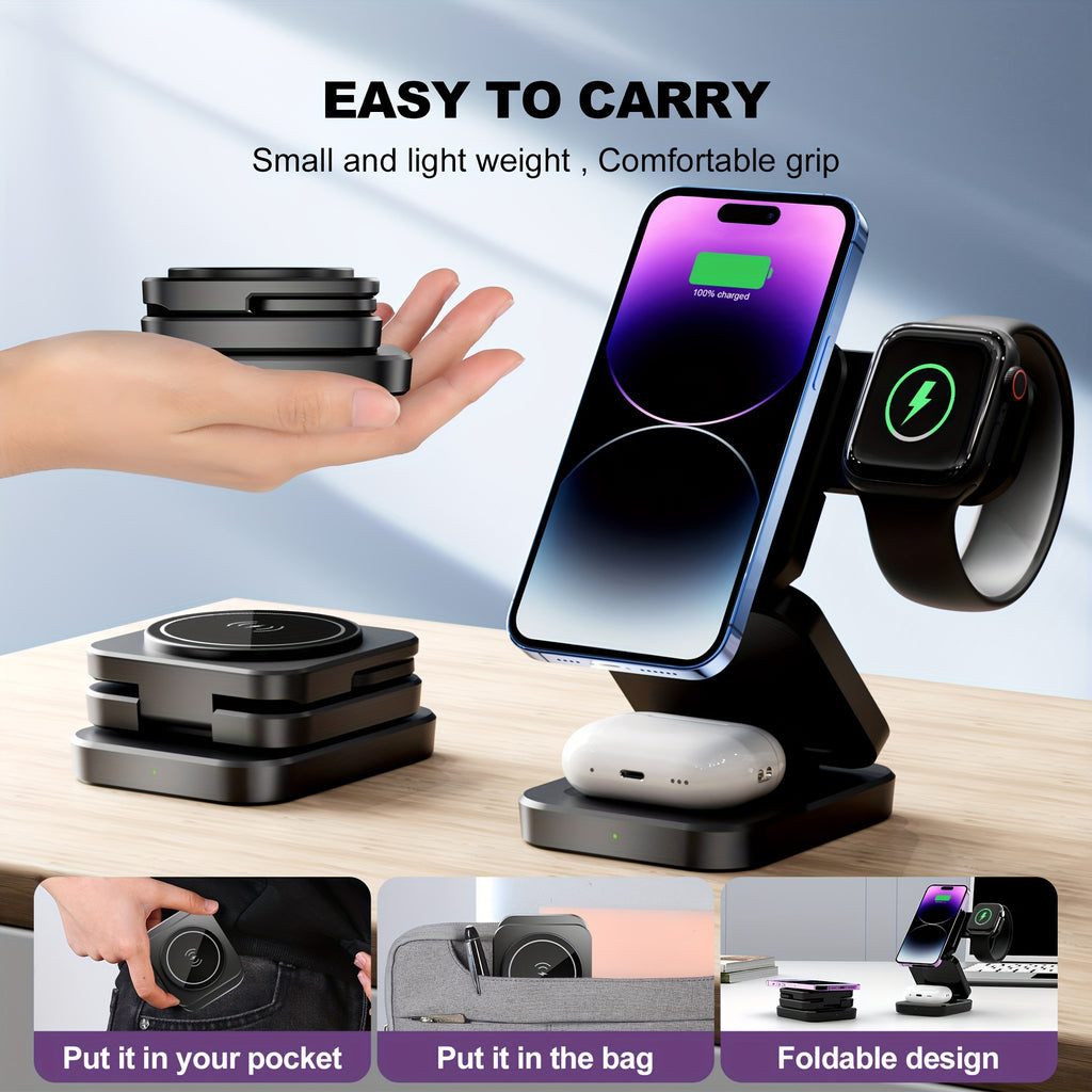 3 in 1 Wireless Charger, Foldable Mag-Safe Magnetic Charging Station Dock, Fast Travel Wireless Charging Pad  for iPhone 15/14/13/12/11/Pro/Max/Mini/XR/XS/X/8, for iWatch 9/8/7/6/5/4/3/2/SE/SE2/Ultra/Ultra2, for AirPods 2/3/P