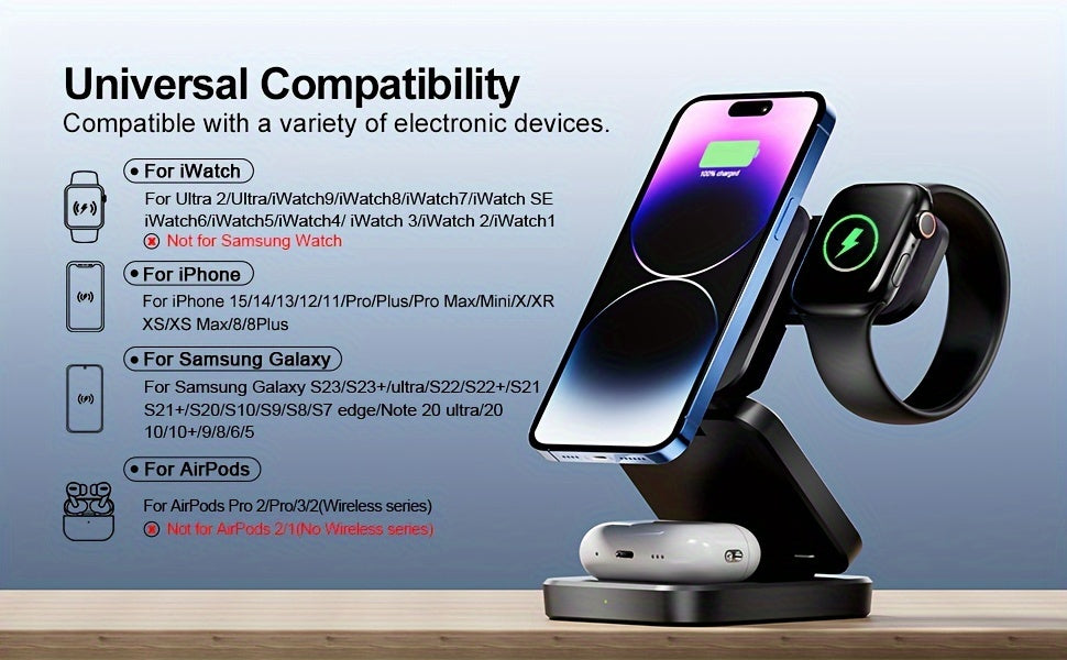 3 in 1 Wireless Charger, Foldable Mag-Safe Magnetic Charging Station Dock, Fast Travel Wireless Charging Pad  for iPhone 15/14/13/12/11/Pro/Max/Mini/XR/XS/X/8, for iWatch 9/8/7/6/5/4/3/2/SE/SE2/Ultra/Ultra2, for AirPods 2/3/P