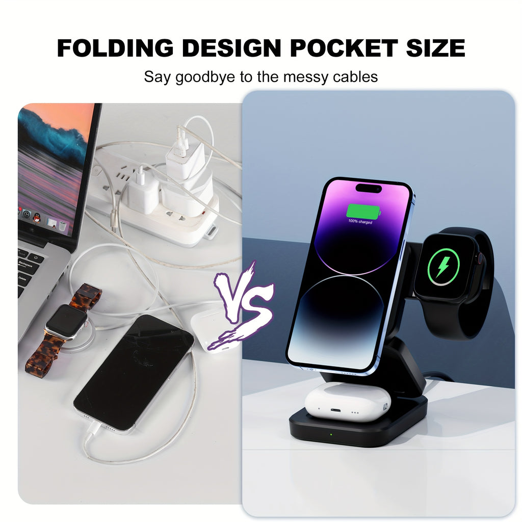3 in 1 Wireless Charger, Foldable Mag-Safe Magnetic Charging Station Dock, Fast Travel Wireless Charging Pad  for iPhone 15/14/13/12/11/Pro/Max/Mini/XR/XS/X/8, for iWatch 9/8/7/6/5/4/3/2/SE/SE2/Ultra/Ultra2, for AirPods 2/3/P