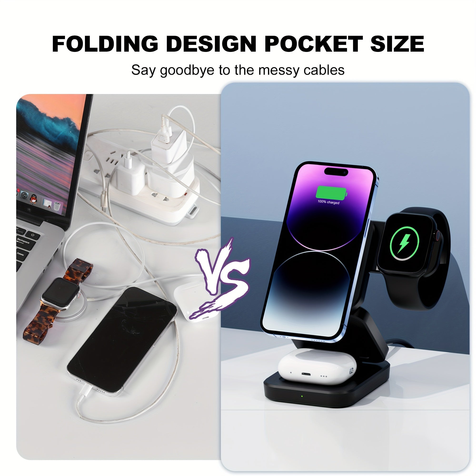 3 in 1 Wireless Charger, Foldable Mag-Safe Magnetic Charging Station Dock, Fast Travel Wireless Charging Pad  for iPhone 15/14/13/12/11/Pro/Max/Mini/XR/XS/X/8, for iWatch 9/8/7/6/5/4/3/2/SE/SE2/Ultra/Ultra2, for AirPods 2/3/P