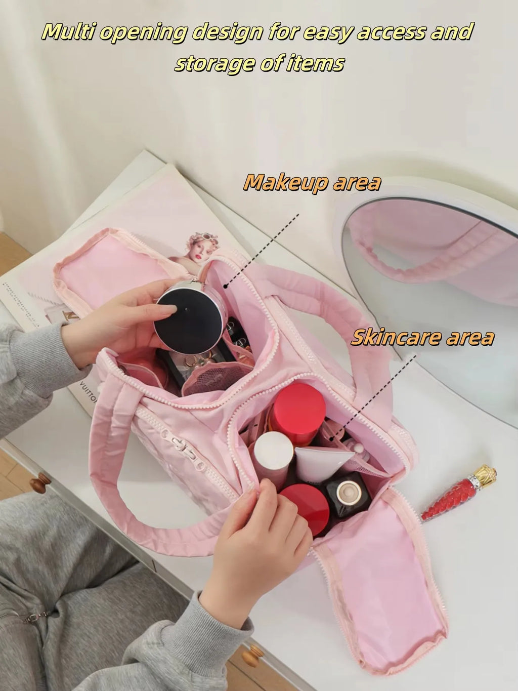 Multi-Opening Quilted Simple and Stylish Solid Color Portable Travel Toiletry and Makeup Bag, Multifunctional Large Capacity Lightweight Soft Stain-Resistant Large Opening Unisex Toiletry Bag, with Dry and Wet Separation Func