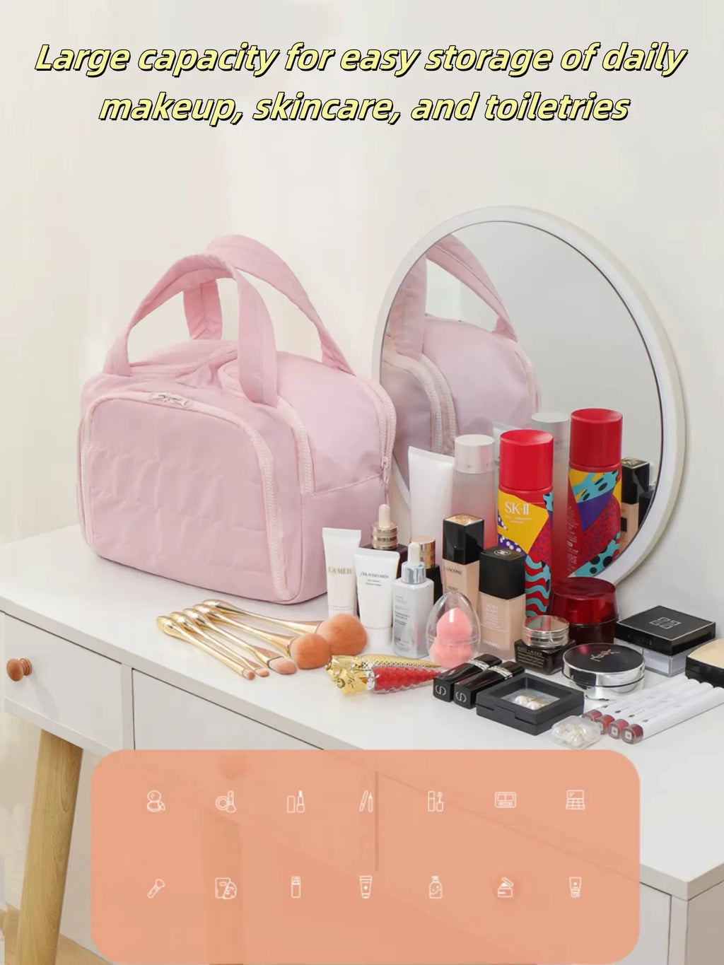 Multi-Opening Quilted Simple and Stylish Solid Color Portable Travel Toiletry and Makeup Bag, Multifunctional Large Capacity Lightweight Soft Stain-Resistant Large Opening Unisex Toiletry Bag, with Dry and Wet Separation Func