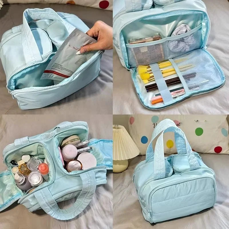 Multi-Opening Quilted Simple and Stylish Solid Color Portable Travel Toiletry and Makeup Bag, Multifunctional Large Capacity Lightweight Soft Stain-Resistant Large Opening Unisex Toiletry Bag, with Dry and Wet Separation Func