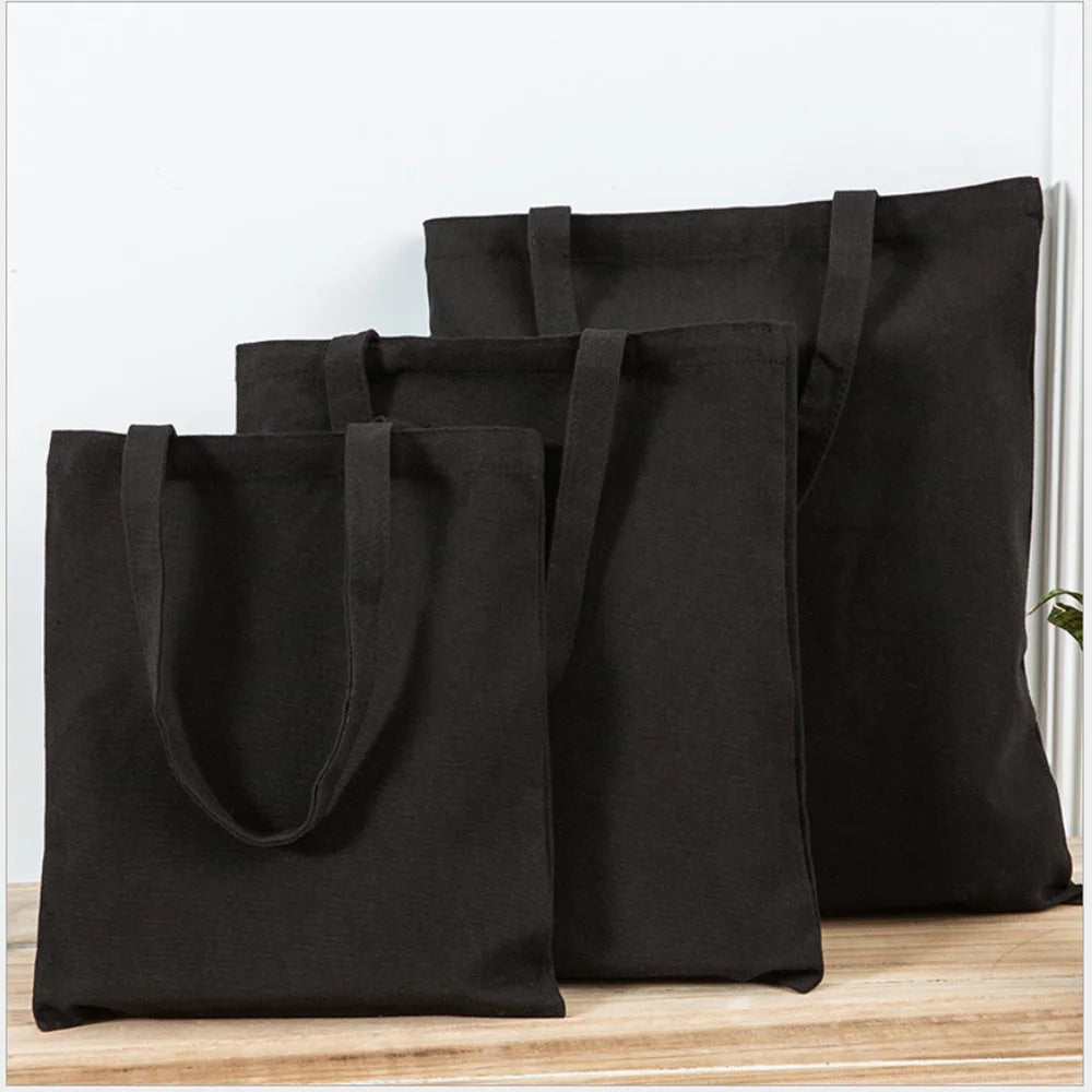 Foldable Canvas Cotton Grocery Handbag Portable Fabric Tote Bag Cloth Organizer Shopping Bag with Storage Features Black Color