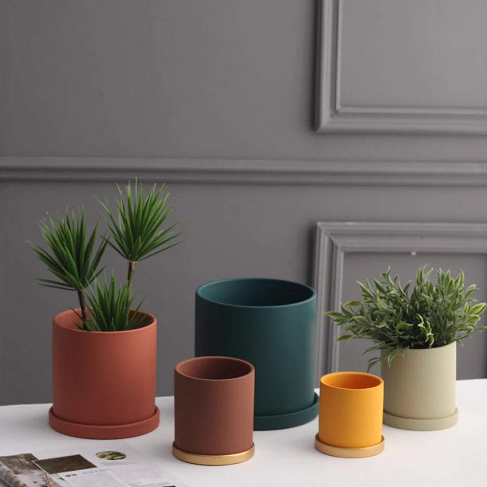 Nordic Ceramic Plant Pot with Tray Colorful Cylinder Succulent Pot Small Planter Flowerpot with Drain Hole Cactus Herb Container