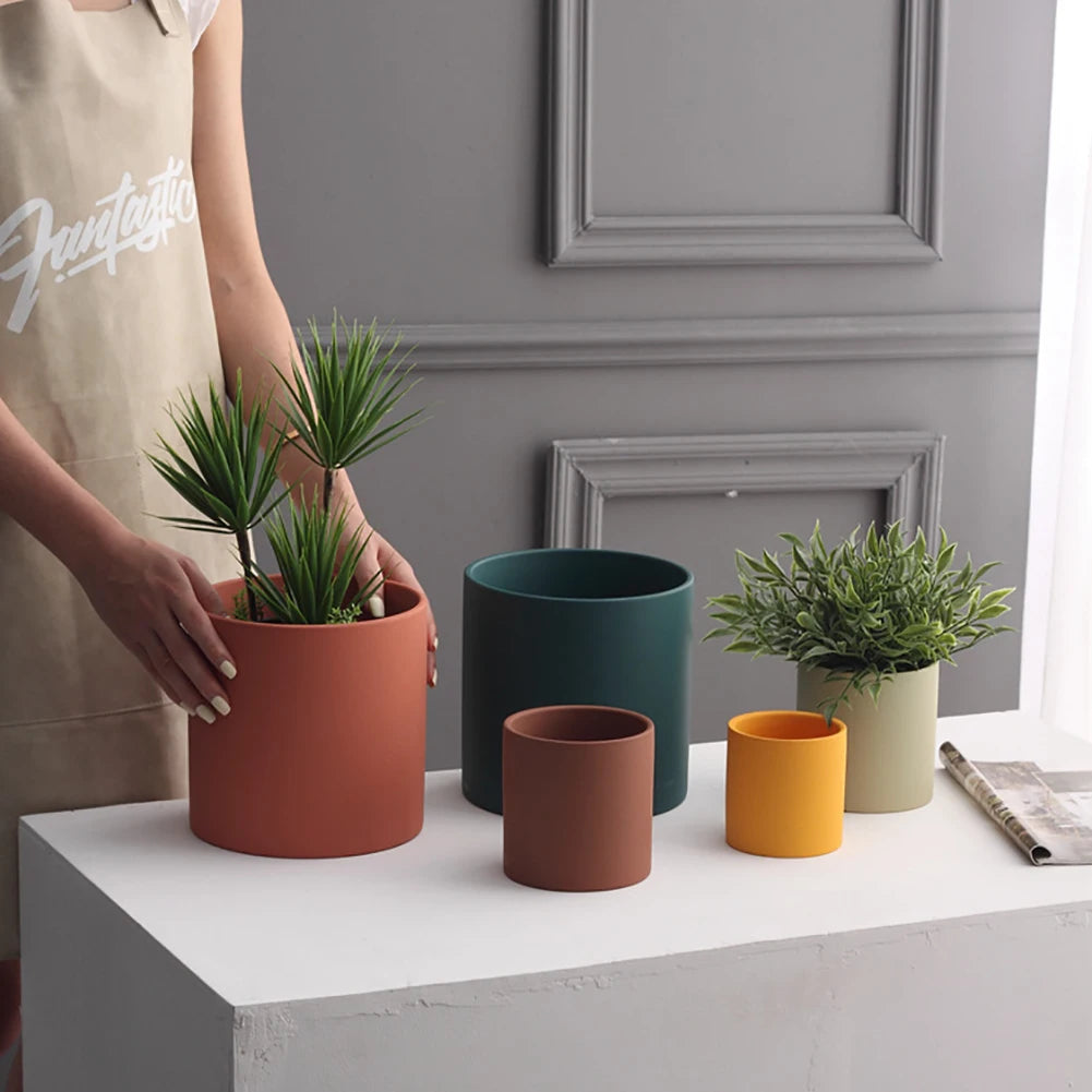Nordic Ceramic Plant Pot with Tray Colorful Cylinder Succulent Pot Small Planter Flowerpot with Drain Hole Cactus Herb Container