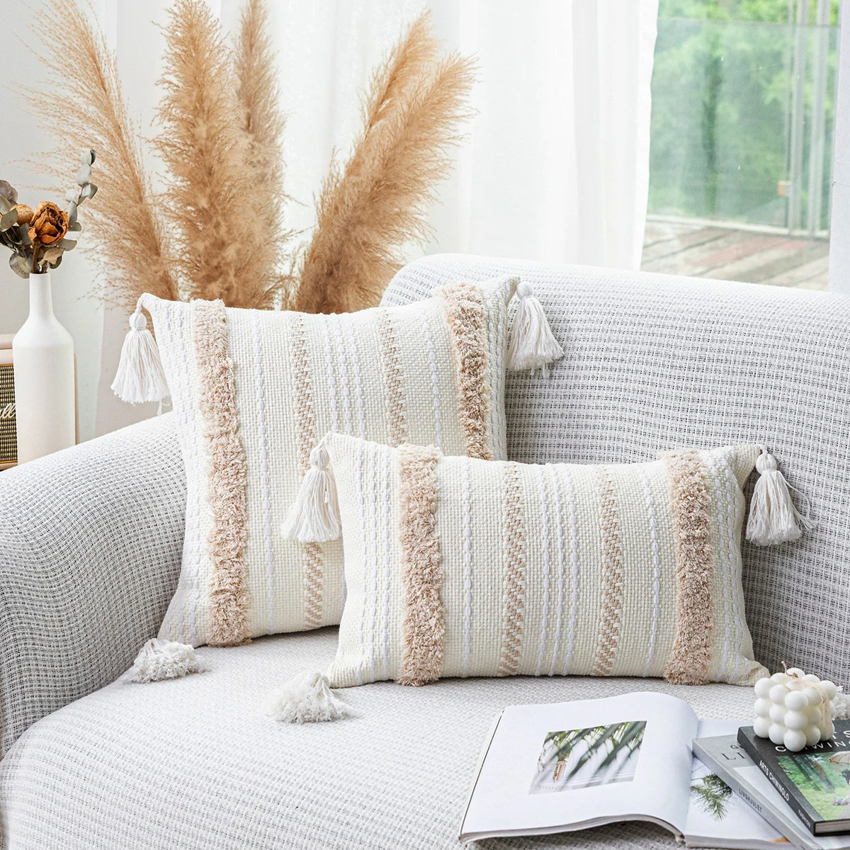 Battilo Boho Throw Pillow Cover Tufted Pillow Case with Tassels Neutral Woven Cushion Cover for Sofa Bed Living Room Home Decor
