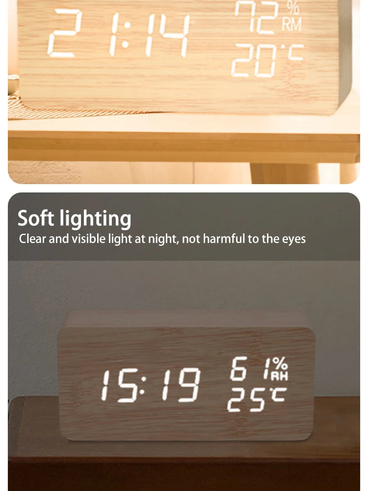Digital LED Wooden Alarm Clock, Desk Clock, Voice Activated, Electronic Desktop Clock, Luminous Silent Alarm Clock