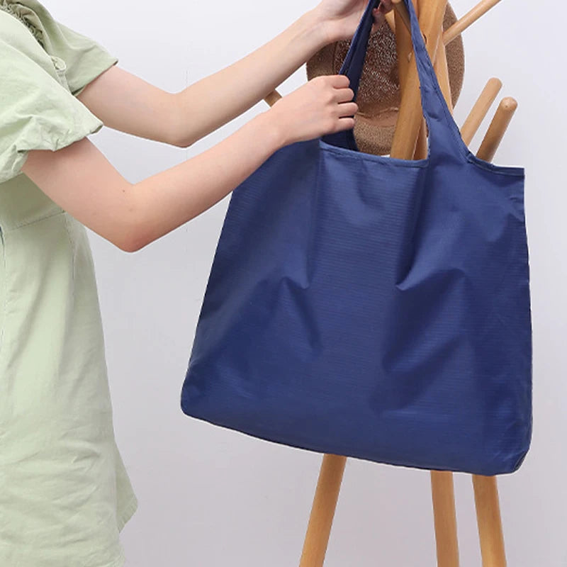 Foldable Shopping Bag Reusable Travel Grocery Bag Eco-Friendly One Shoulder Handbag for Travel Solid Color Supermarket Tote Bag