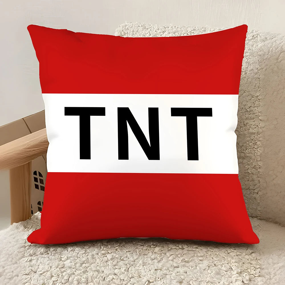 1Pc  TNT Decorative Throw Pillow - Red & White Striped Modern Cushion Cover with Bold Black Letters, Zipper Closure for Living R