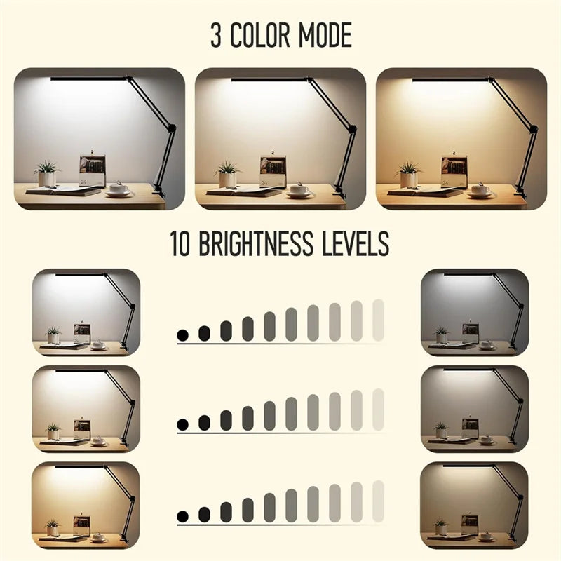 LED Desk Lamp for Home,Reading,Adjustable Eye-Caring Desk Light with Clamp, 3 Color Modes,10 Brightness Table Lamps