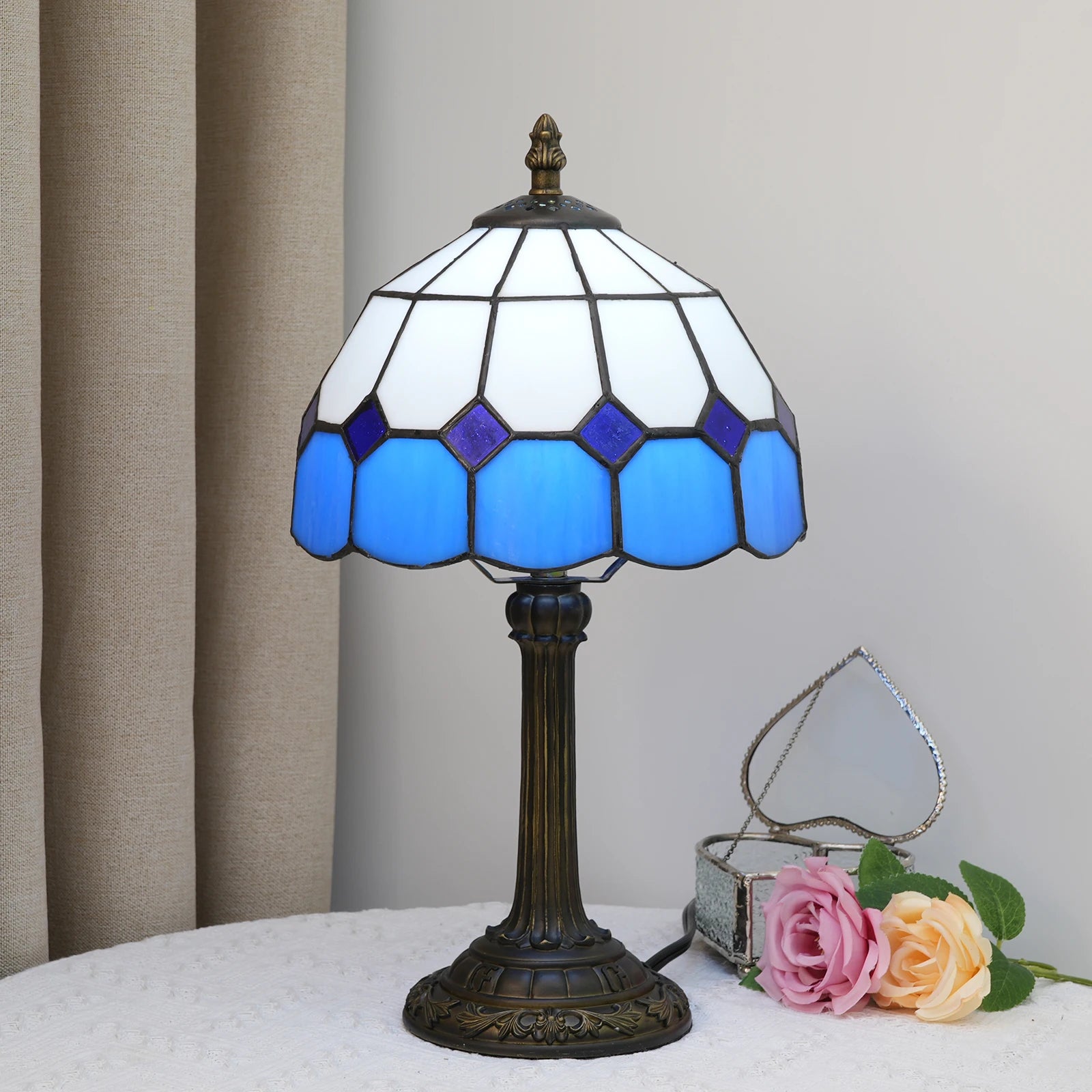 Modern Minimalist Table Lamp 8 Inch Mediterranean Series Stained Glass Lampshades Small Bedside Lamp Reading Antique Desk Light