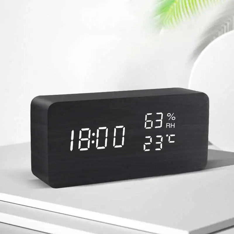 Digital LED Wooden Alarm Clock, Desk Clock, Voice Activated, Electronic Desktop Clock, Luminous Silent Alarm Clock