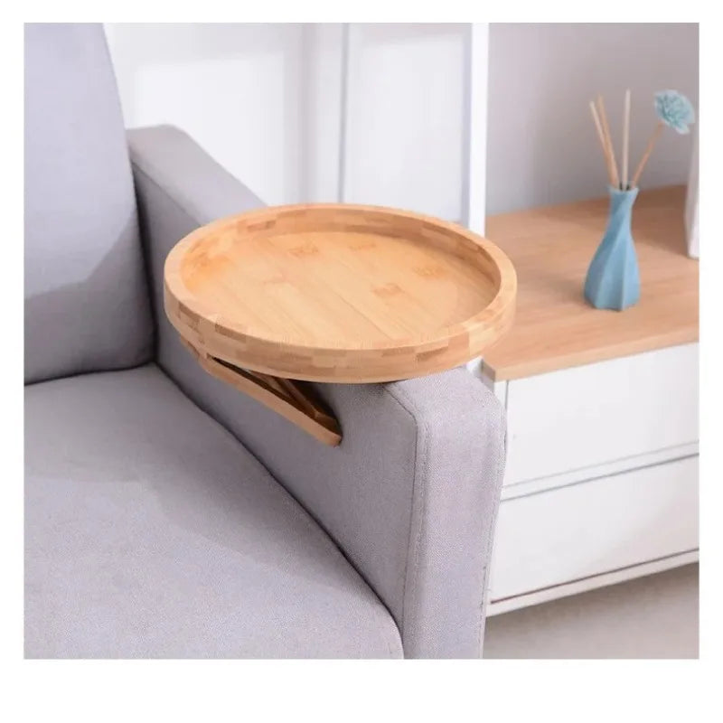 Wooden Sofa Armrest Tray Circular Clip on Breakfast Tray Home Use Foldable Sofa Side Table Snack Tray Integrated Storage Tray