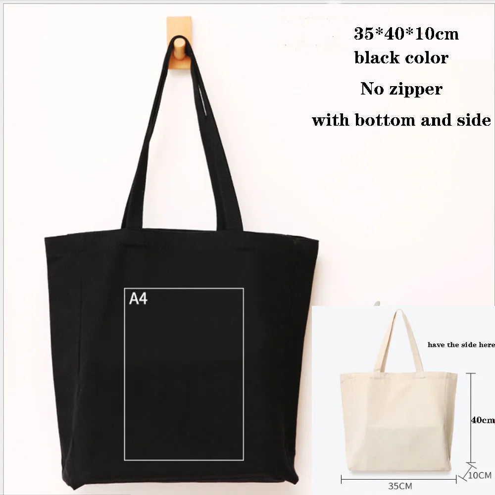 Foldable Canvas Cotton Grocery Handbag Portable Fabric Tote Bag Cloth Organizer Shopping Bag with Storage Features Black Color