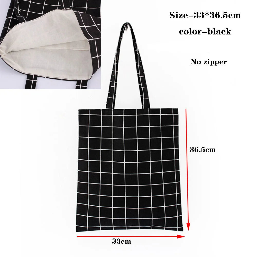 Foldable Canvas Cotton Grocery Handbag Portable Fabric Tote Bag Cloth Organizer Shopping Bag with Storage Features Black Color