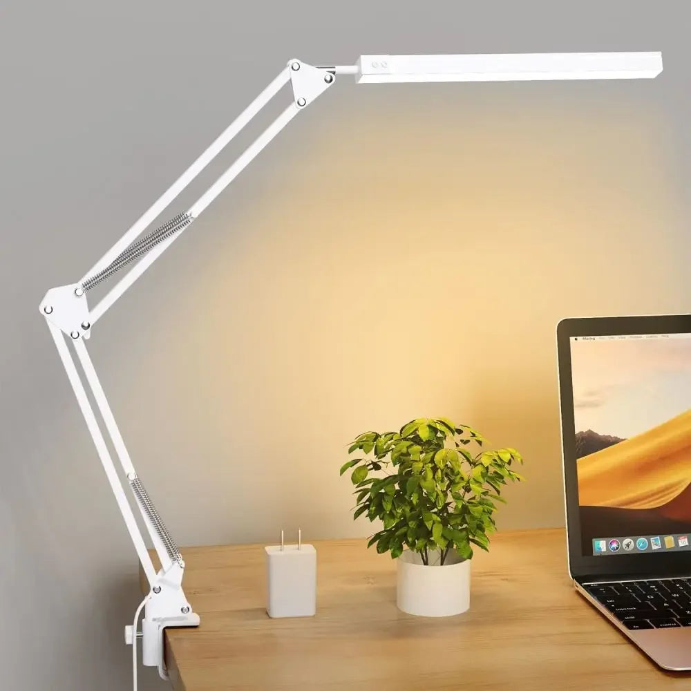 LED Desk Lamp 14W Eye-Caring Metal Swing Arm Desk Light with Clamp 3 Color Dimmable Table Light for Reading and Study Task Lamp