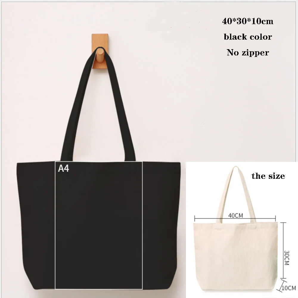 Foldable Canvas Cotton Grocery Handbag Portable Fabric Tote Bag Cloth Organizer Shopping Bag with Storage Features Black Color