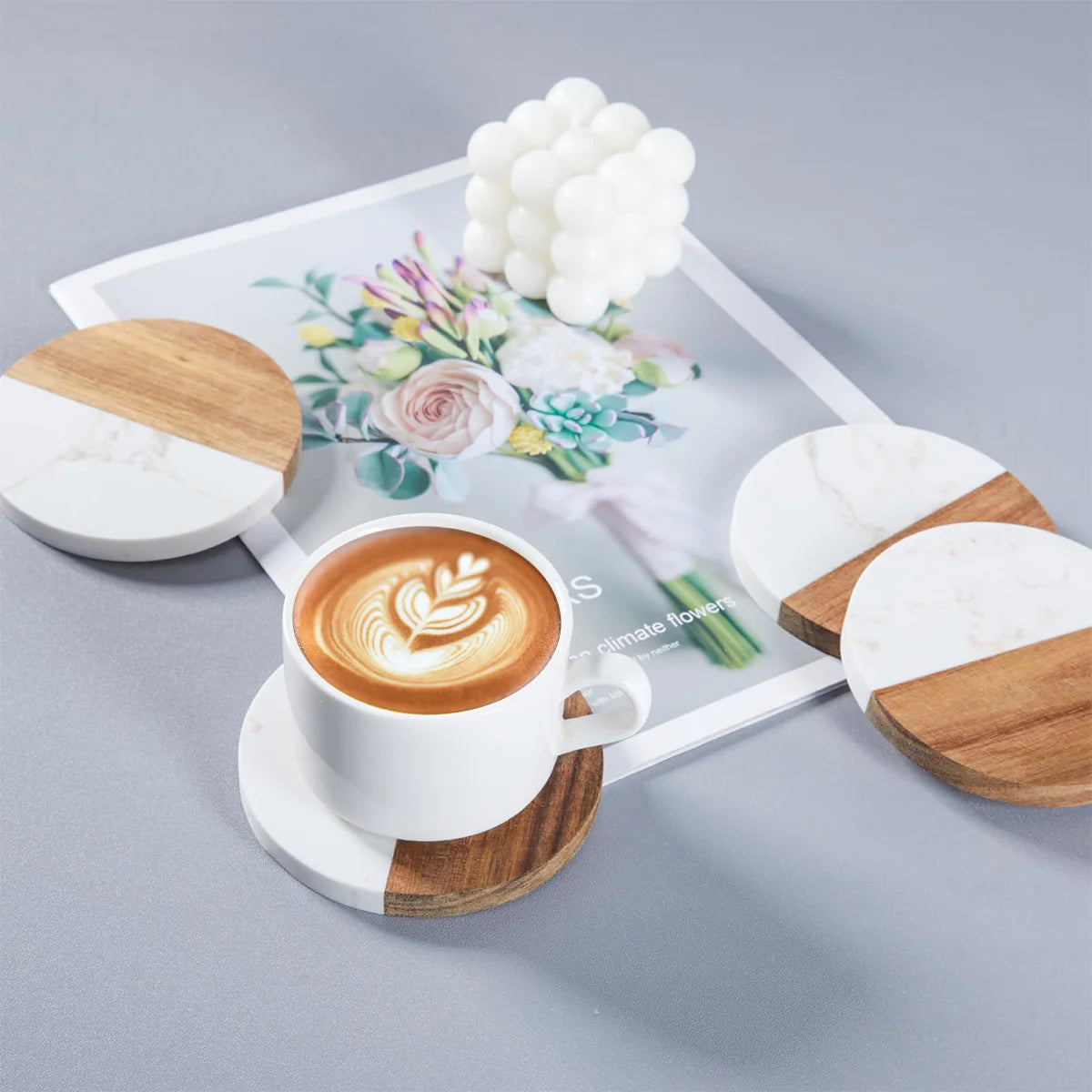 Stylish Wooden and Marble Coaster Set, Elegant Design for Coffee Tables, Durable, Perfect for Protecting Your Furniture