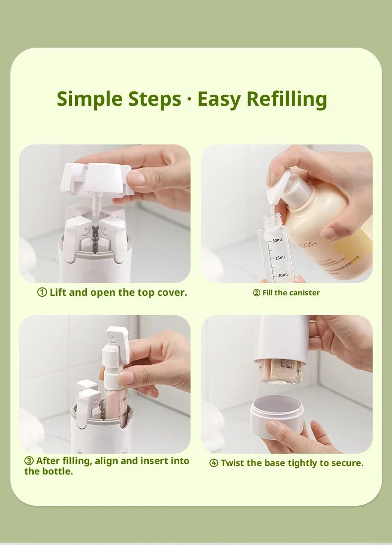 4-in-1 Travel Refillable Bottles, Portable Toiletries and Cosmetics Containers for Shampoo, Body Wash, Travel Storage Bottles