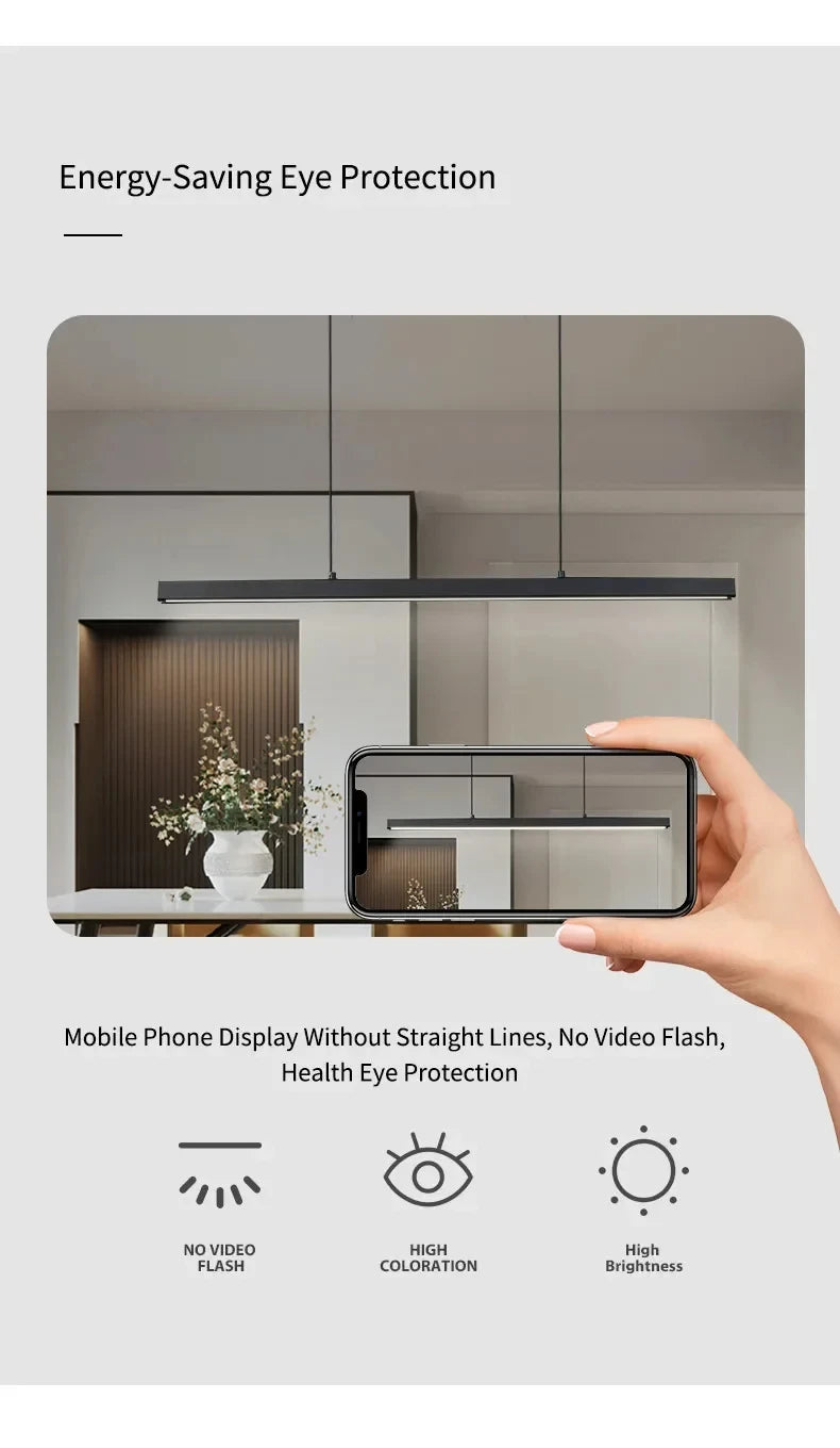 Nordic Minimalist Dining Table Pendant Lamp Modern Kitchen Bar Chandelier Black White Office Long Strip Hanging Light Fixture