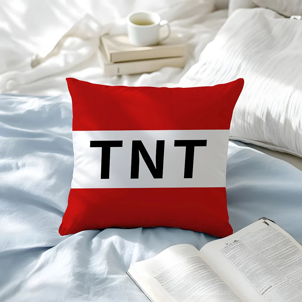 1Pc  TNT Decorative Throw Pillow - Red & White Striped Modern Cushion Cover with Bold Black Letters, Zipper Closure for Living R