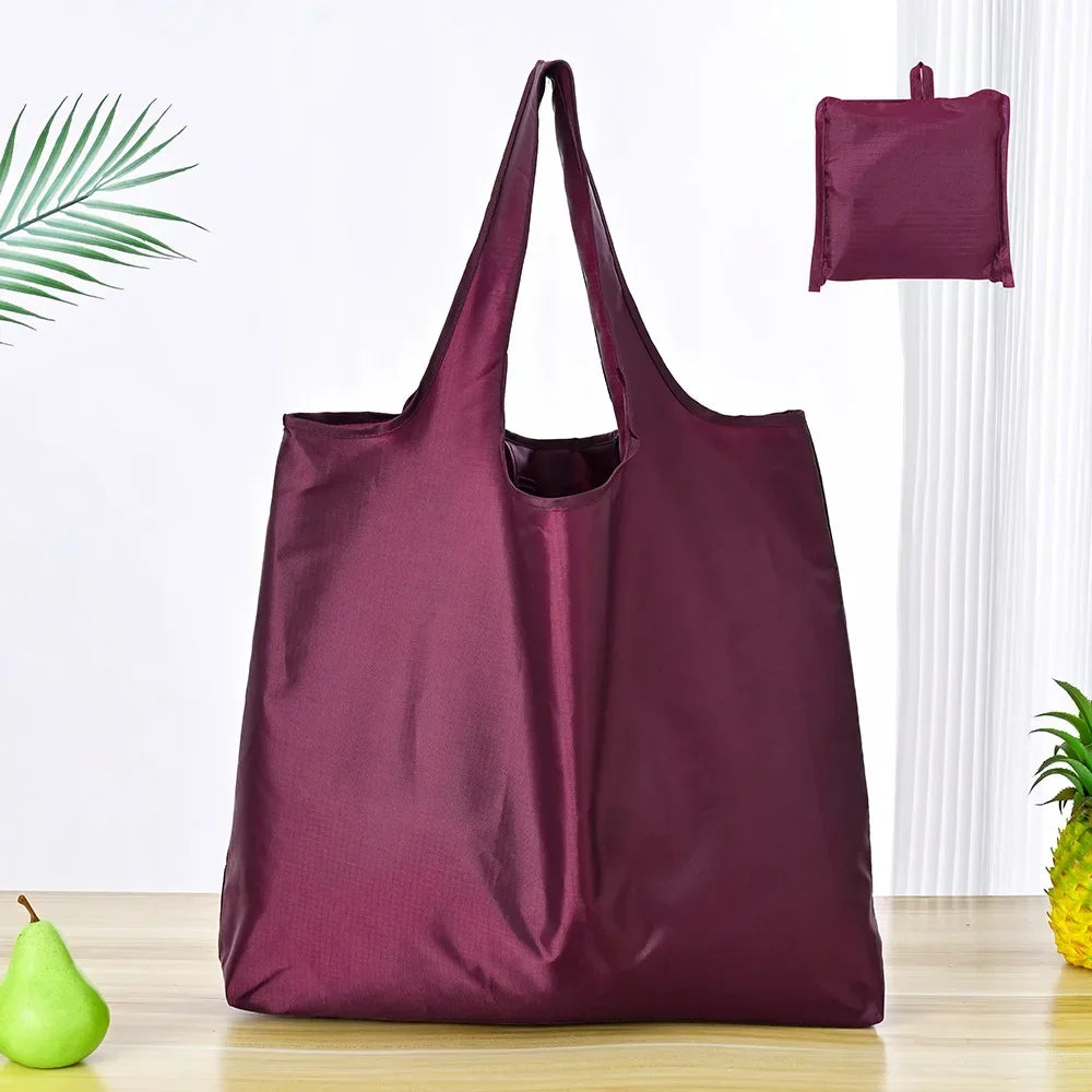 Foldable Shopping Bag Reusable Travel Grocery Bag Eco-Friendly One Shoulder Handbag for Travel Solid Color Supermarket Tote Bag