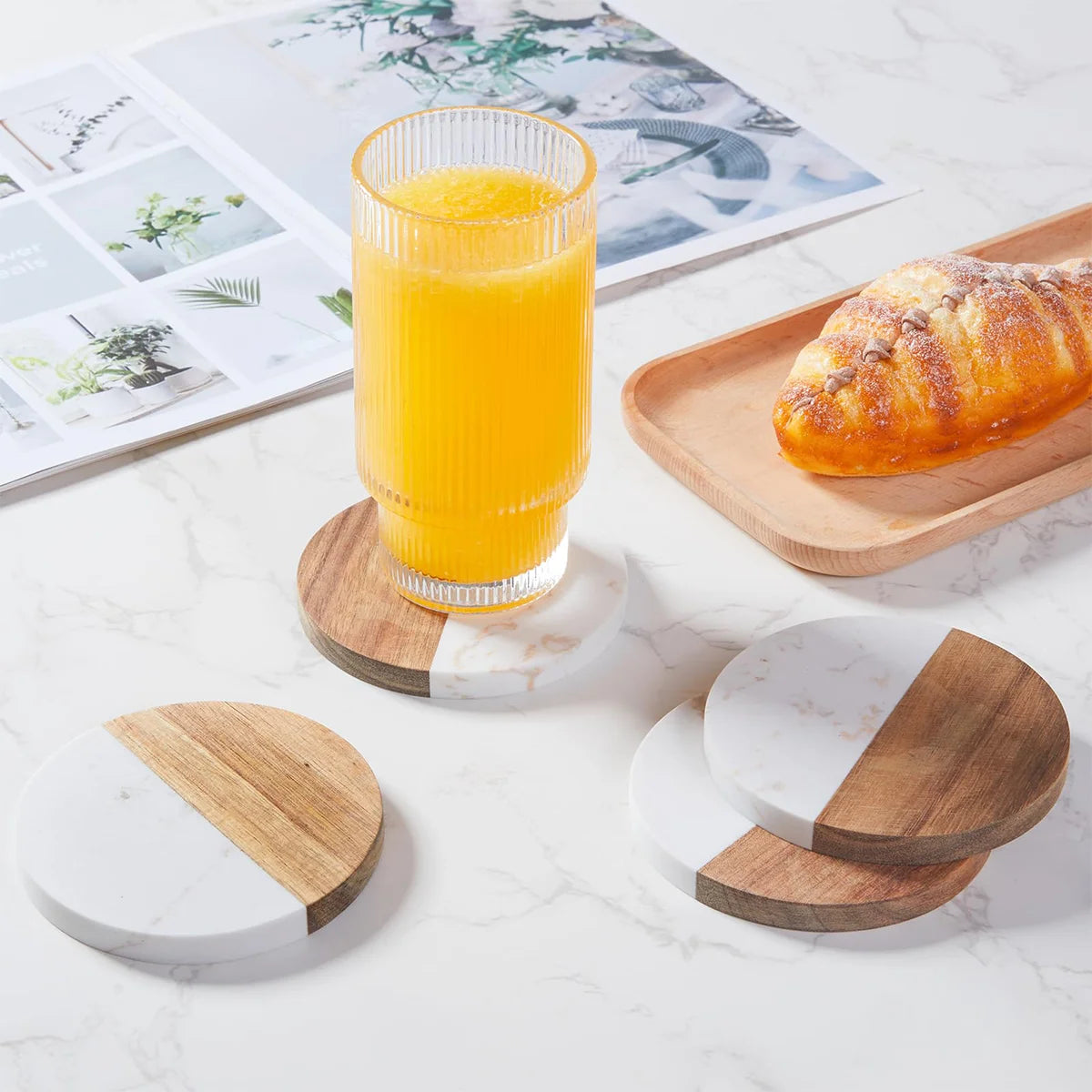 Stylish Wooden and Marble Coaster Set, Elegant Design for Coffee Tables, Durable, Perfect for Protecting Your Furniture