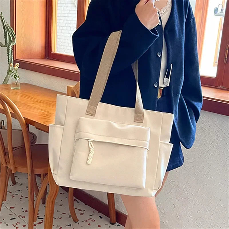 Nylon Tote Bag with Multiple Pocket Lightweight Foldable Design for Office Commute Shopping Fitness Storage Handbag Shoulder Bag
