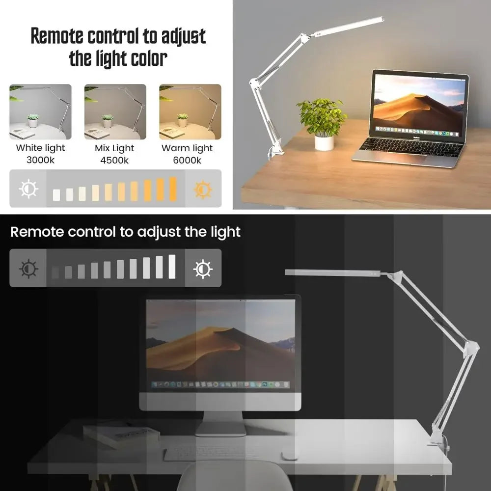 LED Desk Lamp 14W Eye-Caring Metal Swing Arm Desk Light with Clamp 3 Color Dimmable Table Light for Reading and Study Task Lamp