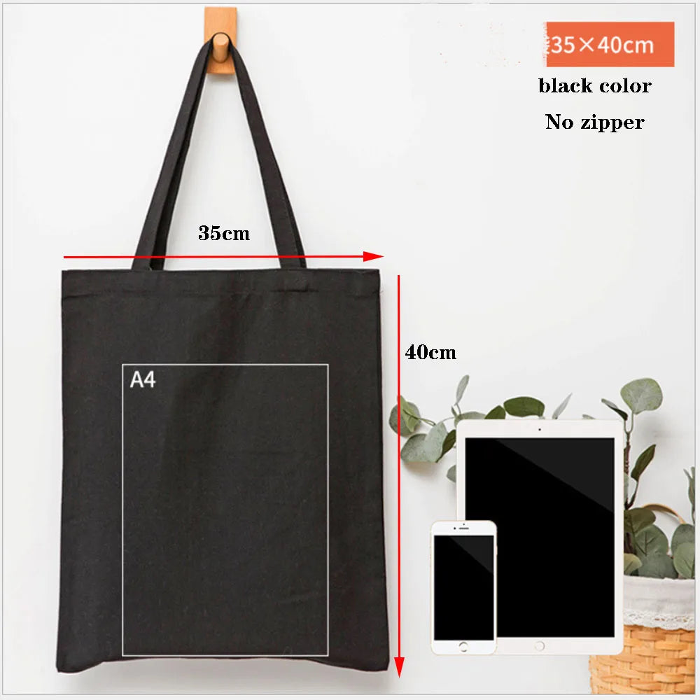 Foldable Canvas Cotton Grocery Handbag Portable Fabric Tote Bag Cloth Organizer Shopping Bag with Storage Features Black Color