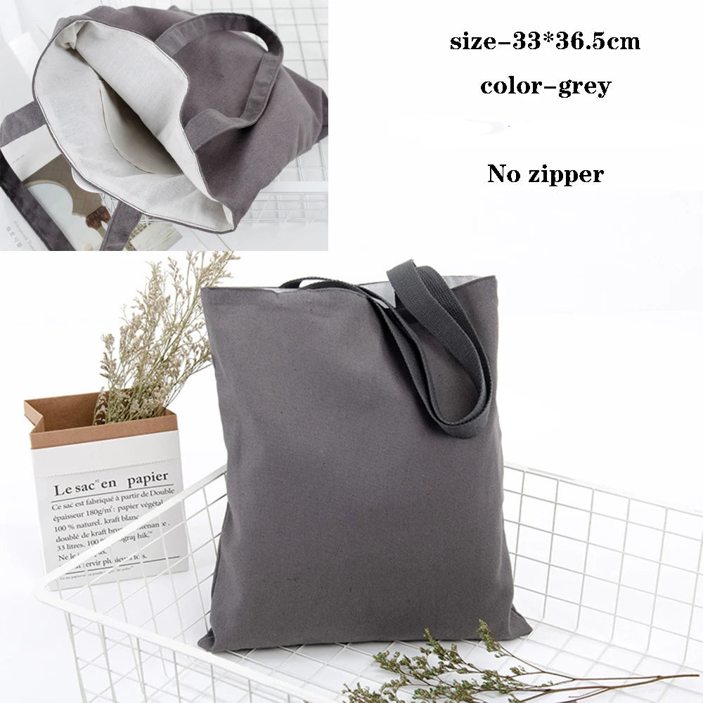 Foldable Canvas Cotton Grocery Handbag Portable Fabric Tote Bag Cloth Organizer Shopping Bag with Storage Features Black Color