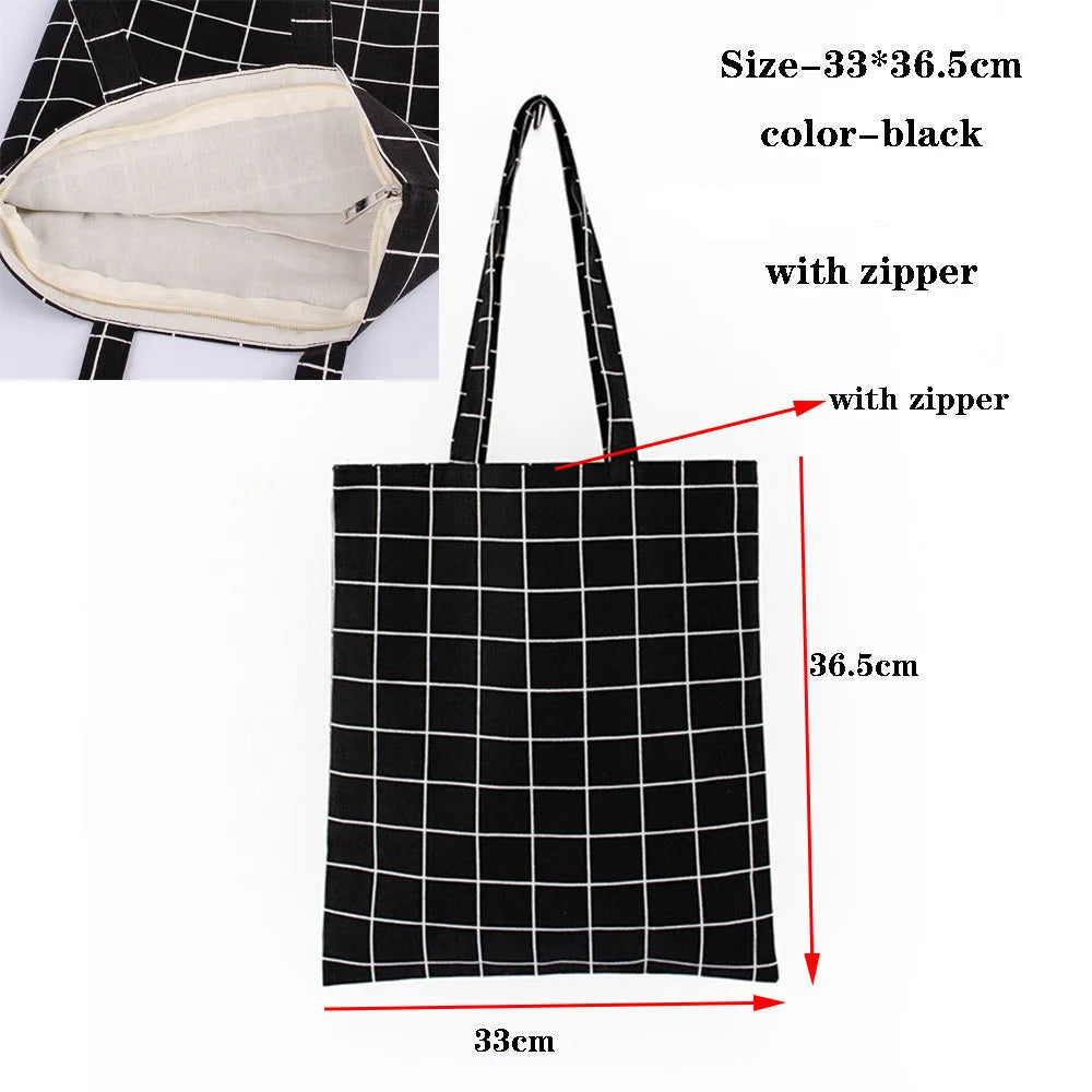 Foldable Canvas Cotton Grocery Handbag Portable Fabric Tote Bag Cloth Organizer Shopping Bag with Storage Features Black Color