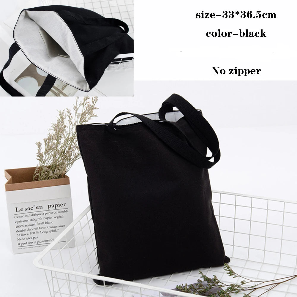 Foldable Canvas Cotton Grocery Handbag Portable Fabric Tote Bag Cloth Organizer Shopping Bag with Storage Features Black Color