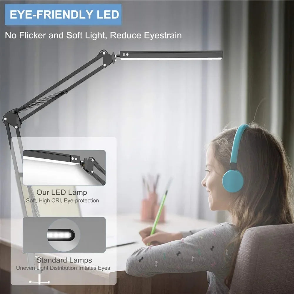 LED Desk Lamp 14W Eye-Caring Metal Swing Arm Desk Light with Clamp 3 Color Dimmable Table Light for Reading and Study Task Lamp