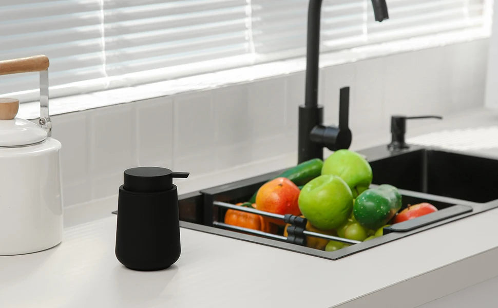 Matte Black Liquid Hand Soap Dispenser Plastic 11oz - Modern Minimalist Style for Bathroom & Kitchen Countertop Refillable